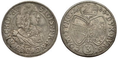 АВСТРИЯ 3 КРЕЙЦЕРА 1664 СВЯЩЕННАЯ РИМСКАЯ ИМПЕРИЯ, ВЕЛИКИЙ ГЕРЦОГ СИГИЗМУНД ФРАНЦ (1662-1665), МОНДВОР ХАЛЛ Tursky 535., КМ 851 серебро 413-5034