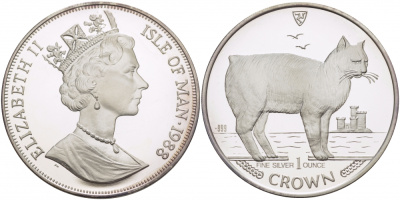 Остров Мэн 1 крона 1988 мэнский кот КМ 234 серебро PROOF 1081-6-21