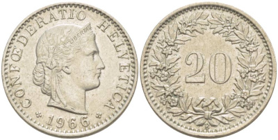 ШВЕЙЦАРИЯ 20 РАППЕНОВ 1966 В KM 29а медно-никель 4511-935