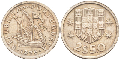 ПОРТУГАЛИЯ 2,5 ЭСКУДО 1976 ПАРУСНИК KM 590 медно-никель 3309-951
