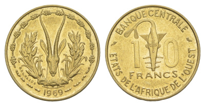 Западная Африка (BCEAO) 10 франков 1969 KM 1a медь алюминий никель UNC 4175-1216
