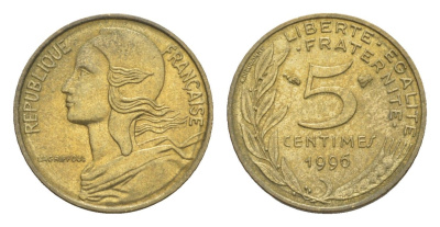 Франция 5 сантимов 1996 KM 933, Le Franc 125.38 алюминиевая бронза 4649-1226