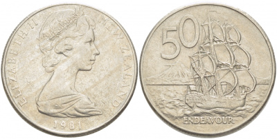 Новая Зеландия 50 центов 1981 Елизавета II (1952-2022), парусник Индевор KM 37.1 медно-никель 215-213