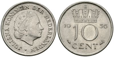 НИДЕРЛАНДЫ 10 ЦЕНТОВ 1956 ЮЛИАНА KM 182 никель 96-513