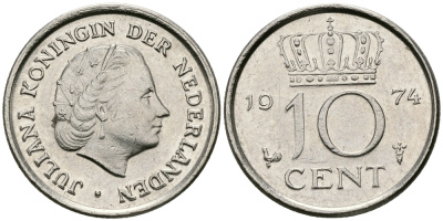 НИДЕРЛАНДЫ 10 ЦЕНТОВ 1974 ЮЛИАНА KM 182 никель 96-364