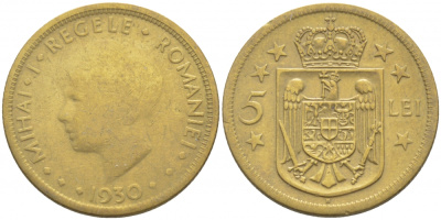 Румыния 5 лей 1930 H, Михай I (1927-1930) KM 48 никель латунь 112-544