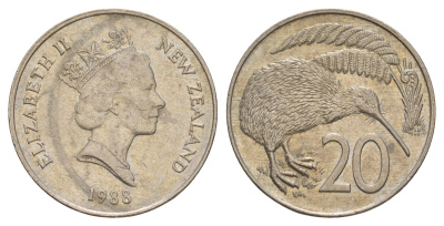 Новая Зеландия 20 центов 1988 Елизавета II (1952-2022), птичка киви KM 62 медно-никель 4650-757