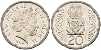 Новая Зеландия 20 центов 2008 Елизавета II (1952-2022), идол Пукаки KM 118а никелированная сталь 4579-1222
