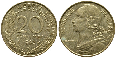 Франция 20 сантимов 1993 тип Марианна KM 930 медь алюминий никель 3461-256