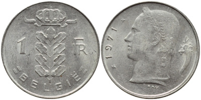Бельгия 1 франк 1971 Belgie, Бодуэн I (1951-1993) KM 143.1 медно-никель 4395-442