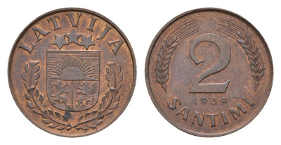 Латвия 2 сантима 1939 KM 11.2 бронза 4679-249