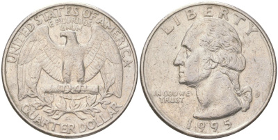 США 25 центов = квотер = 1/4 доллара 1995 D, Вашингтон KM 164a медь плакированная медно-никелем 4143-151