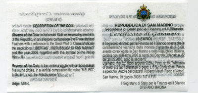 Сан-Марино 5 евро 2008 Олимпиада в Пекине, танец с лентами, в коробке с сертификатом KM 513 серебро PROOF 2-5-2-8