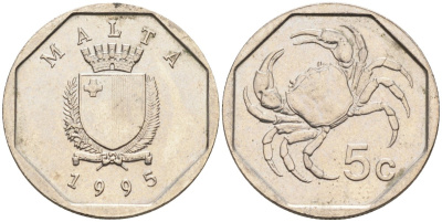 Мальта 5 центов 1993 краб KM 95 медно-никель 4588-133