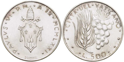 Ватикан 500 лир 1971 IX год, Павел VI (1963-1978), пшеница и виноград KM 123 серебро    4512-821