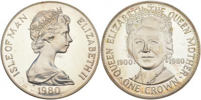 Остров Мэн 1 крона 1980 80 лет королеве Елизавете, королеве-матери KM 68b серебро PROOF 11-039-13