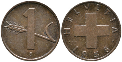 ШВЕЙЦАРИЯ 1 РАППЕН 1958 В KM 46 бронза 4528-619