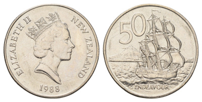 Новая Зеландия 50 центов 1988 Елизавета II (1952-2022), парусник Индевор KM 63 медно-никель 4672-323