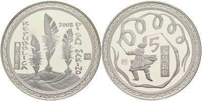 Сан-Марино 5 евро 2008 Олимпиада в Пекине, танец с лентами, в коробке с сертификатом KM 513 серебро PROOF 2-5-2-8