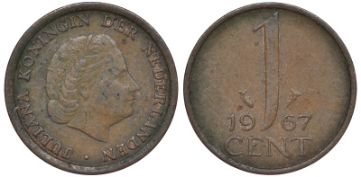 НИДЕРЛАНДЫ 1 ЦЕНТ 1967 ЮЛИАНА KM 180 бронза 45-458