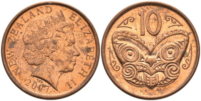 Новая Зеландия 10 центов 2007 маска Маори, Елизавета II (1952-) KM 117а сталь плакированная медью 4179-732
