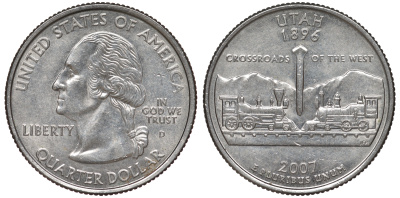 США 25 центов (квотер) 2007 D, серия штаты США, Юта KM 400 медь плакированная медно-никелем 4541-332