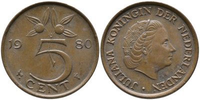 Нидерланды 5 центов 1980 Юлиана (1948-1980) KM 181 бронза 65-1237