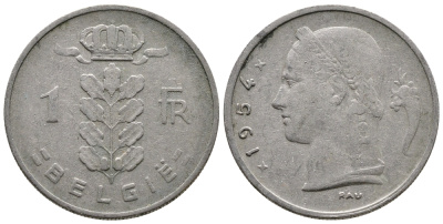 БЕЛЬГИЯ 1 ФРАНК 1954 BELGIE KM 143.1 медно-никель 4382-1014