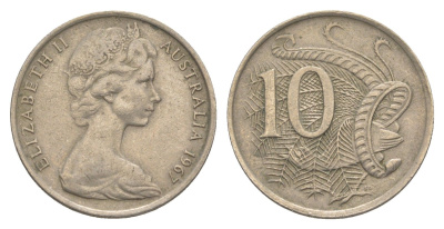 Австралия 10 центов 1967 Елизавета II (1952-2022), птица лирахвост KM 65 медно-никель 4364-3525