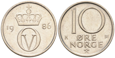 Норвегия 10 эре 1986 Улаф V (1958-1991) KM 416 медно-никель 4580-1019