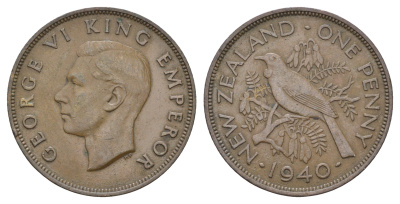Новая Зеландия 1 пенни 1940 Георг VI (1936-1952), новозеландский туи KM 13 бронза    4403-833