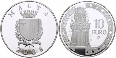 Мальта 10 евро 2008 Оберж де Кастиль, Кастильское подворье, резиденция премьер-министра в Валлетте KM 137 серебро PROOF 1071-10-12