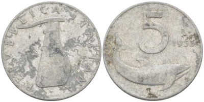 Италия 5 лир 1953 R, дельфин, плуг KM 92 алюминий 28-1146