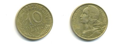 ФРАНЦИЯ 10 САНТИМОВ 1968 ТИП MARIANNE KM 929, LE FRANC 144.8 алюминиевая бронза 86-1725
