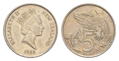 Новая Зеландия 5 центов 1988 Елизавета II (1952-2022), ящерица гаттерия KM 60 медно-никель 4178-157