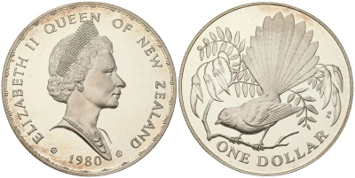 Новая Зеландия 1 доллар 1980 веерохвостка на ветке, Елизавета II (1952-2022) KM 49 a серебро PROOF 1080-4-22