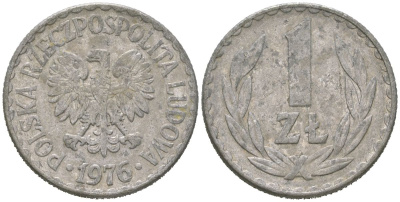 Польша 1 злотый 1976 MW Y 49.1 алюминий 4616-1157