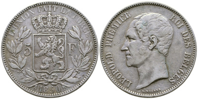 Бельгия 5 франков 1850 Леопольд I (1831-1865) KM 17 серебро 00-1067-3-51