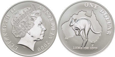 Австралия 1 доллар 2000 кенгуру на фоне карты Австралии KM 490.1 серебро  UNC  00-00