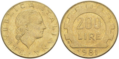 Италия 200 лир 1981 R, шестерня KM 105 алюминиевая бронза 4529-154