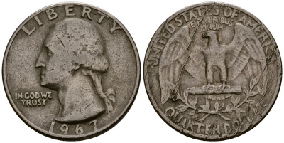 США 25 центов (квотер) 1967 Вашингтон KM 164a медь плакированная медно-никелем 4177-736