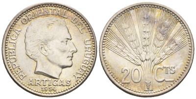 Уругвай 20 сентесимо 1954 Хосе Хервасио Артигас KM 36 серебро UNC 4609-668