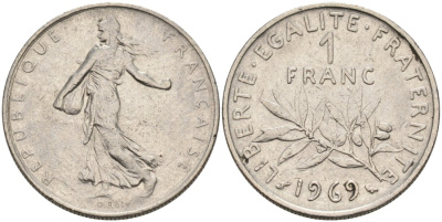 ФРАНЦИЯ 1 ФРАНК 1969 СЕЯТЕЛЬ KM 925.1, LE FRANC 226.14 никель 4573-1024