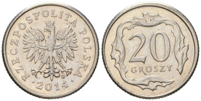 Польша 20 грошей 2014 MW KM 280 медно-никель UNC 4383-133