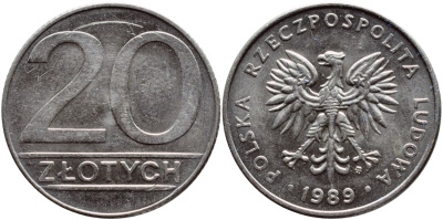 ПОЛЬША 20 ЗЛОТЫХ 1989 MW KM 153.2 медно-никель 4390-615