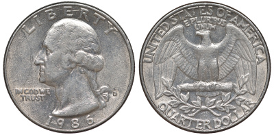 США 25 центов = квотер 1986 D, Вашингтон KM A164a медь плакированная медно-никелем 4543-357