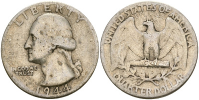 США 25 центов = квотер 1944 Вашингтон KM 164 серебро 4573-1227