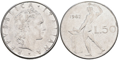 Италия 50 лир 1982 R, Бог огня Вулкан у наковальни KM 95.1 нержавеющая сталь 4573-815