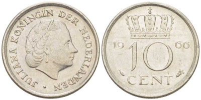 НИДЕРЛАНДЫ 10 ЦЕНТОВ 1966 ЮЛИАНА (1948-1980) KM 182 никель 214-1224