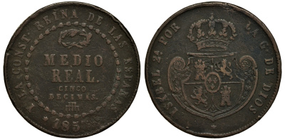 Испания 1/2 реала 1853 Изабелла II (1833-1868) KM 591 медь 1521-1624